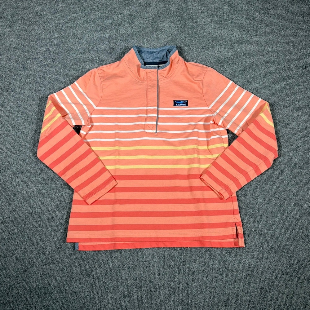 L.L.Bean Pullover Womens Small Petite Orange Striped Sunset Mock‎ Neck